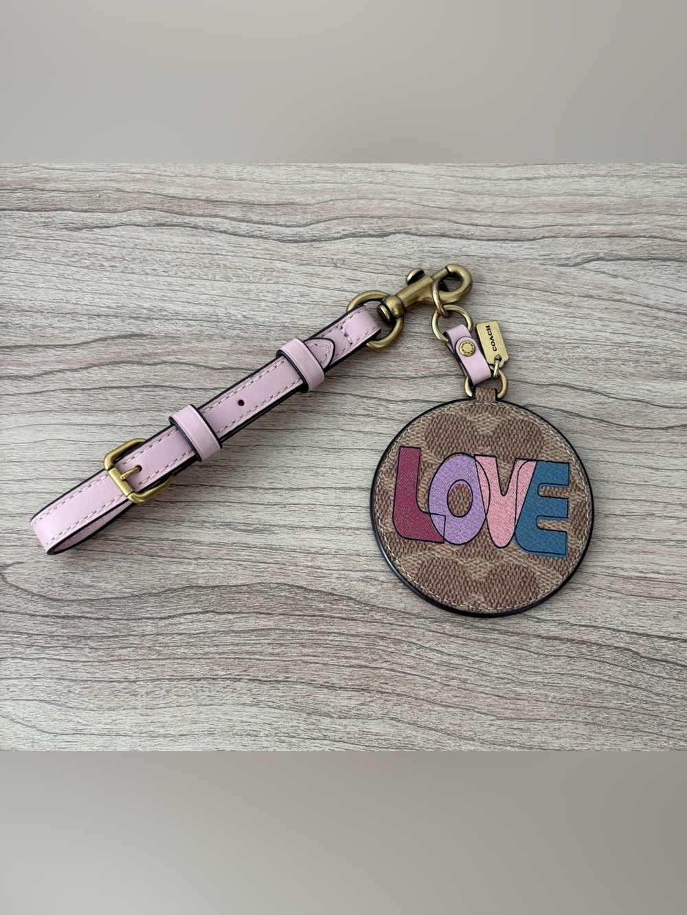 Coach Pink Leather Strap Key & 'LOVE' Round Charm